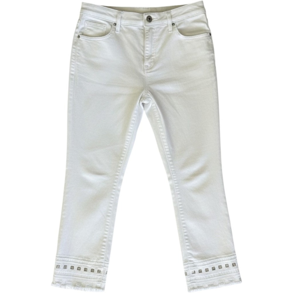 Chicos So Slimming Girlfriend Slim Leg Crop White Jeans Eyelet Hem Size 1.5 10